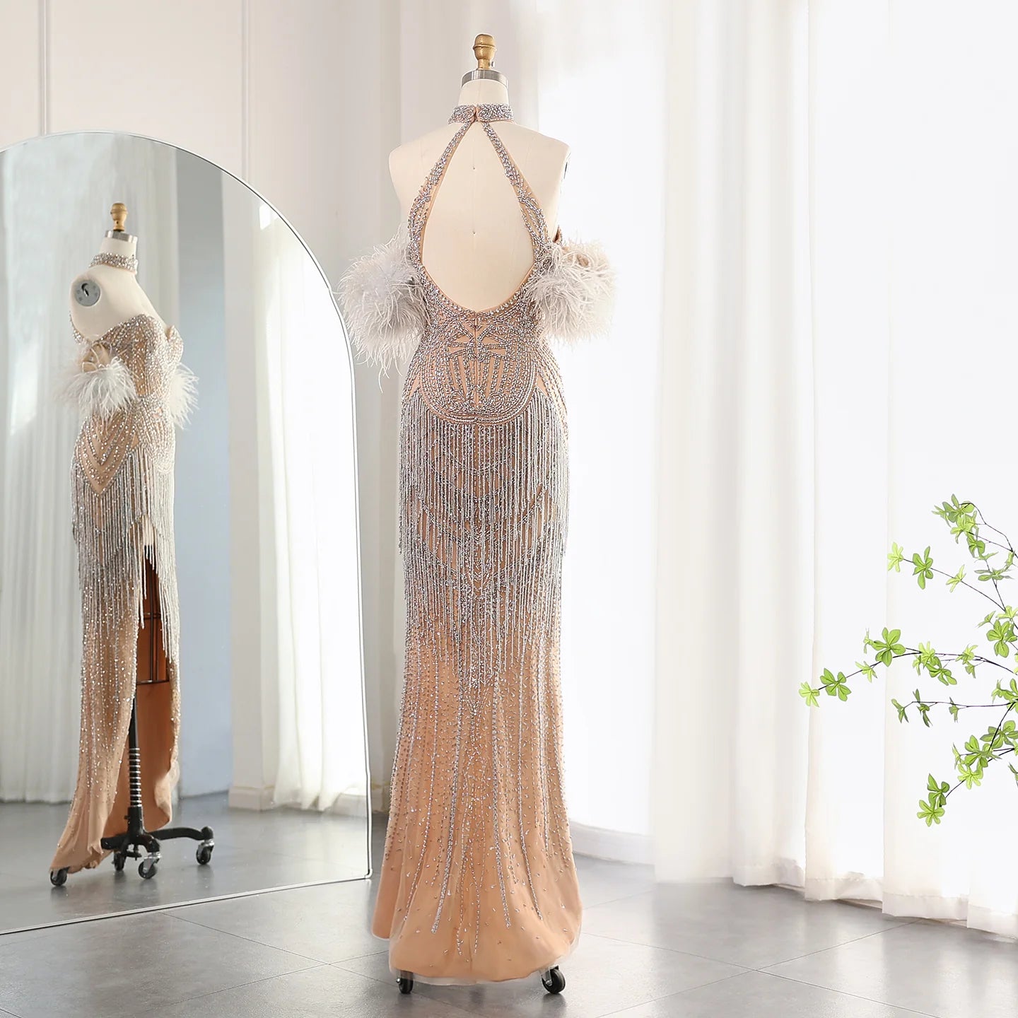 Made Tassel Feathers Silver Nude Mermaid Evening Dress Necklace High Slit Women Prom Party Gowns