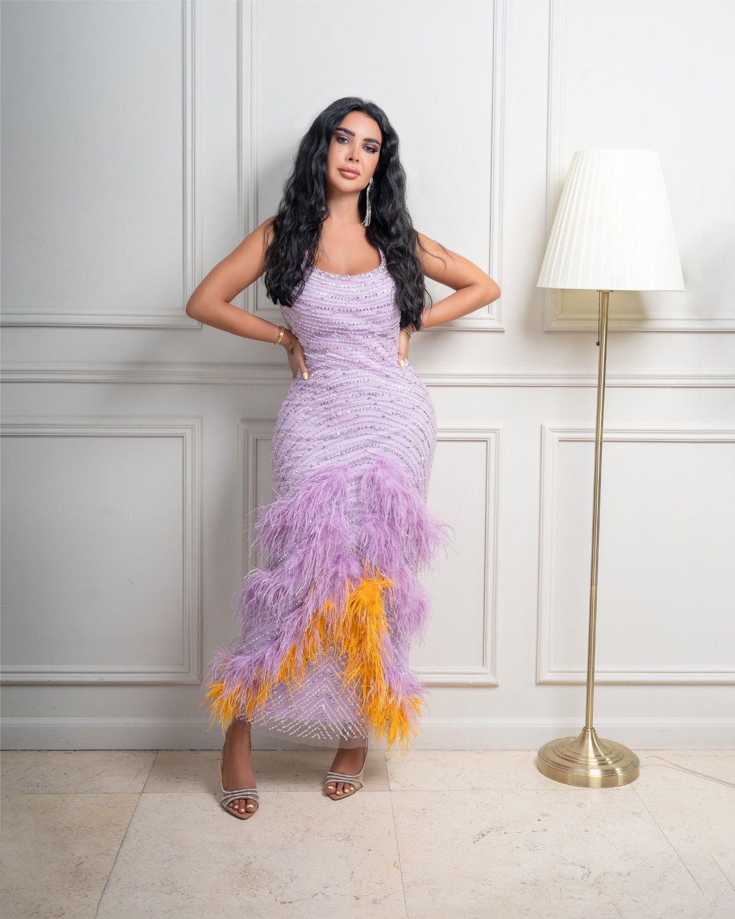 Luxury Feathers Lilac Evening Dresses 2024 Elegant Halter Mermaid Women Wedding Party Prom Gowns