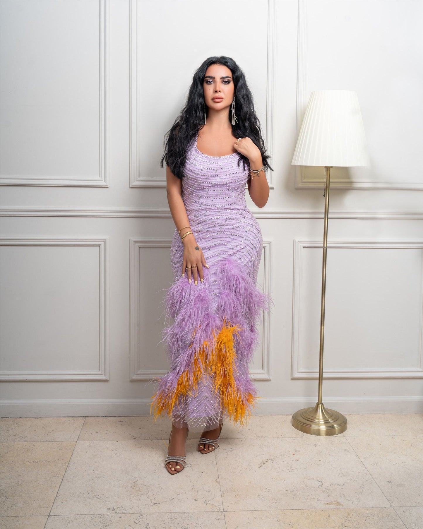 Luxury Feathers Lilac Evening Dresses 2024 Elegant Halter Mermaid Women Wedding Party Prom Gowns