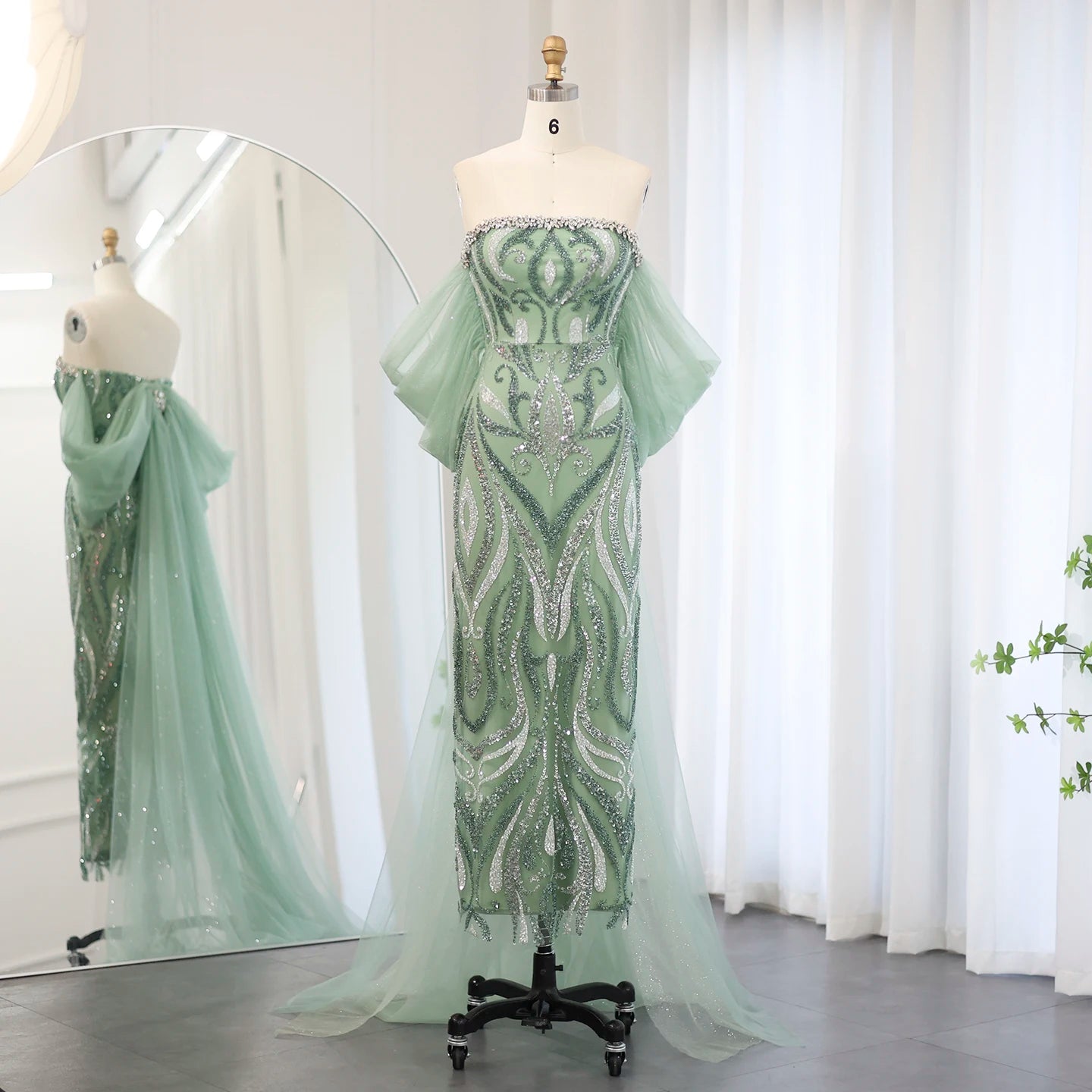 Luxury Sage Green Feathers Evening Dress with Scarf Cape LA72290