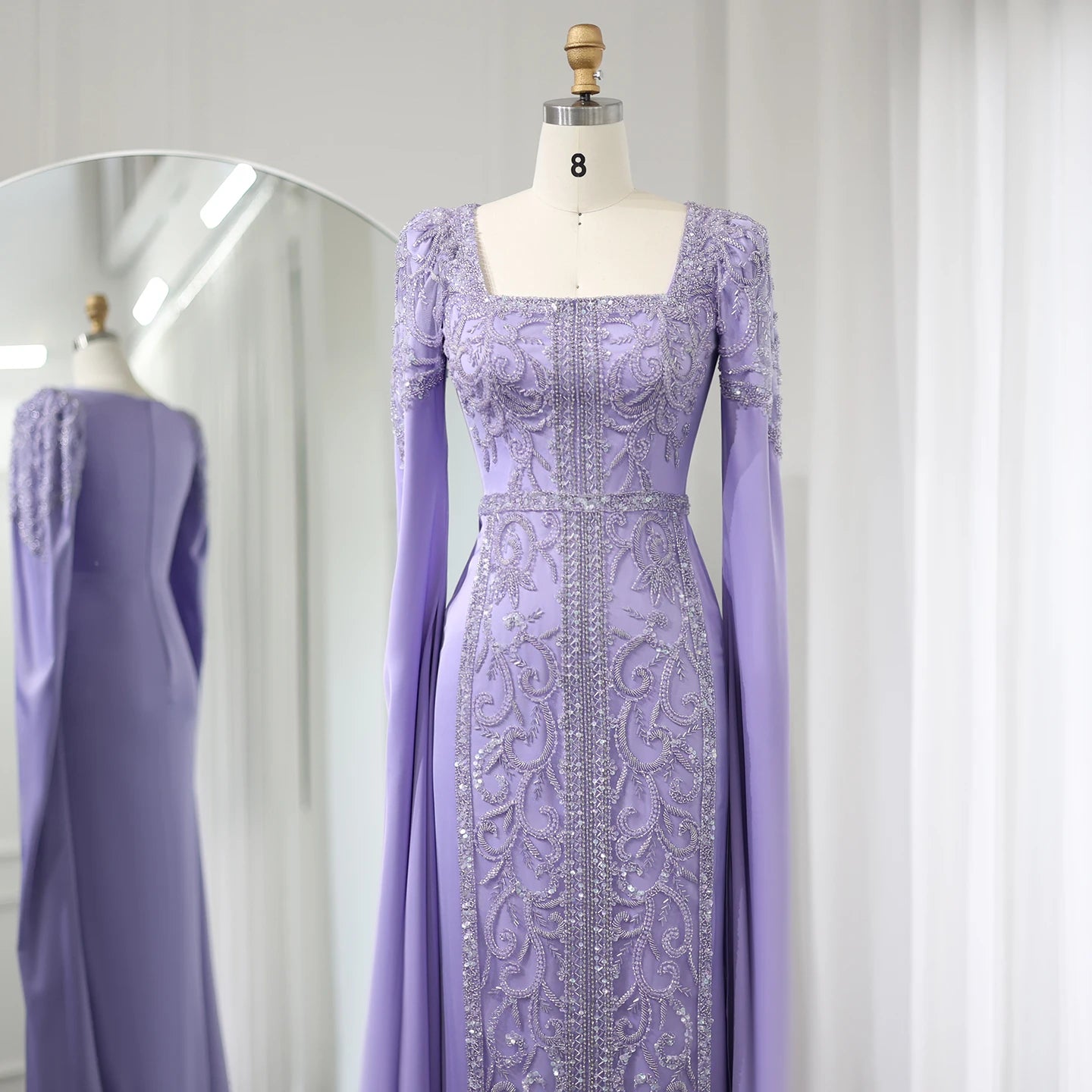 Luxury Sky Blue Mermaid Evening Dresses with Cape Sleeves Women Lilac Wedding Party Gowns