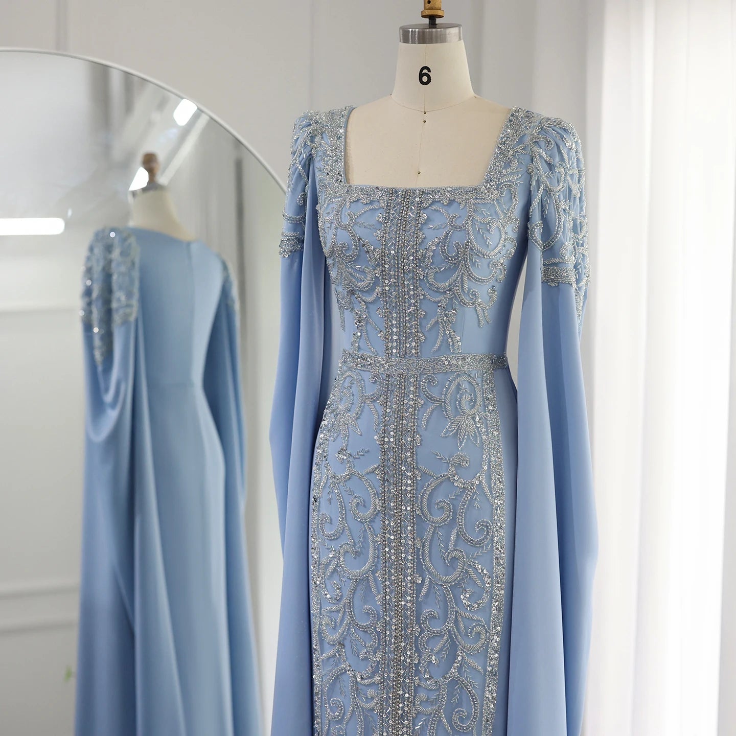 Luxury Sky Blue Mermaid Evening Dresses with Cape Sleeves Women Lilac Wedding Party Gowns