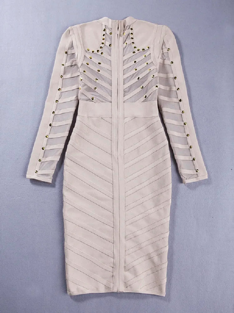Sexy Black Khaki Rivet Bandage Dress For Women Mesh See Through Nail Beaded Long SLeeve Bodycon Party Vestidos