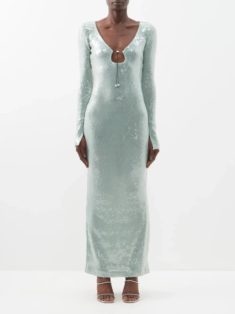 Sexy New In V-Neck Sequins Split Flare Sleeve Ankle Length Maxi Dress for Women Elegant Evening Party Club Long Dress