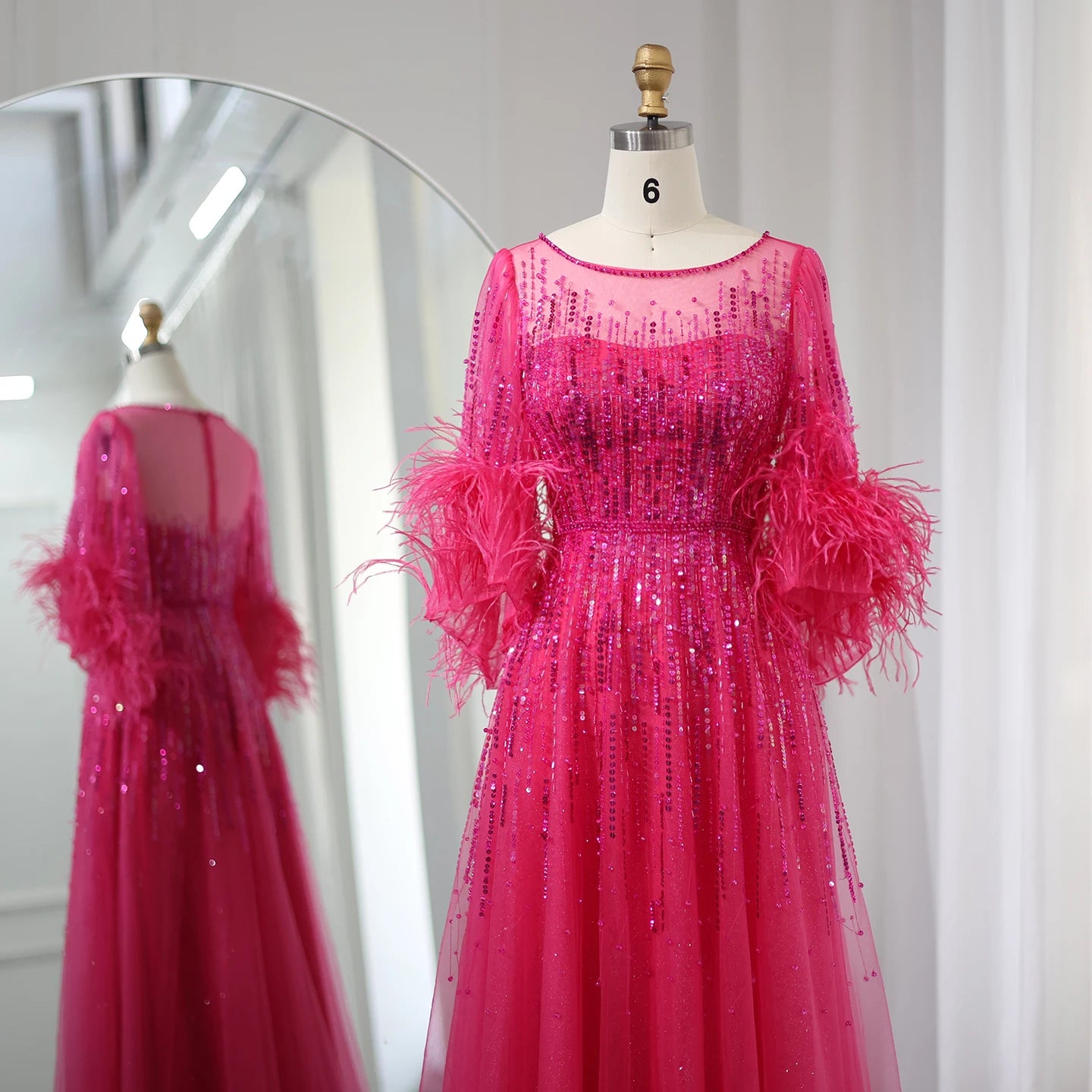 Black Evening Dresses for Women Elegant Fuchsia Half Sleeve Wedding Party Dress