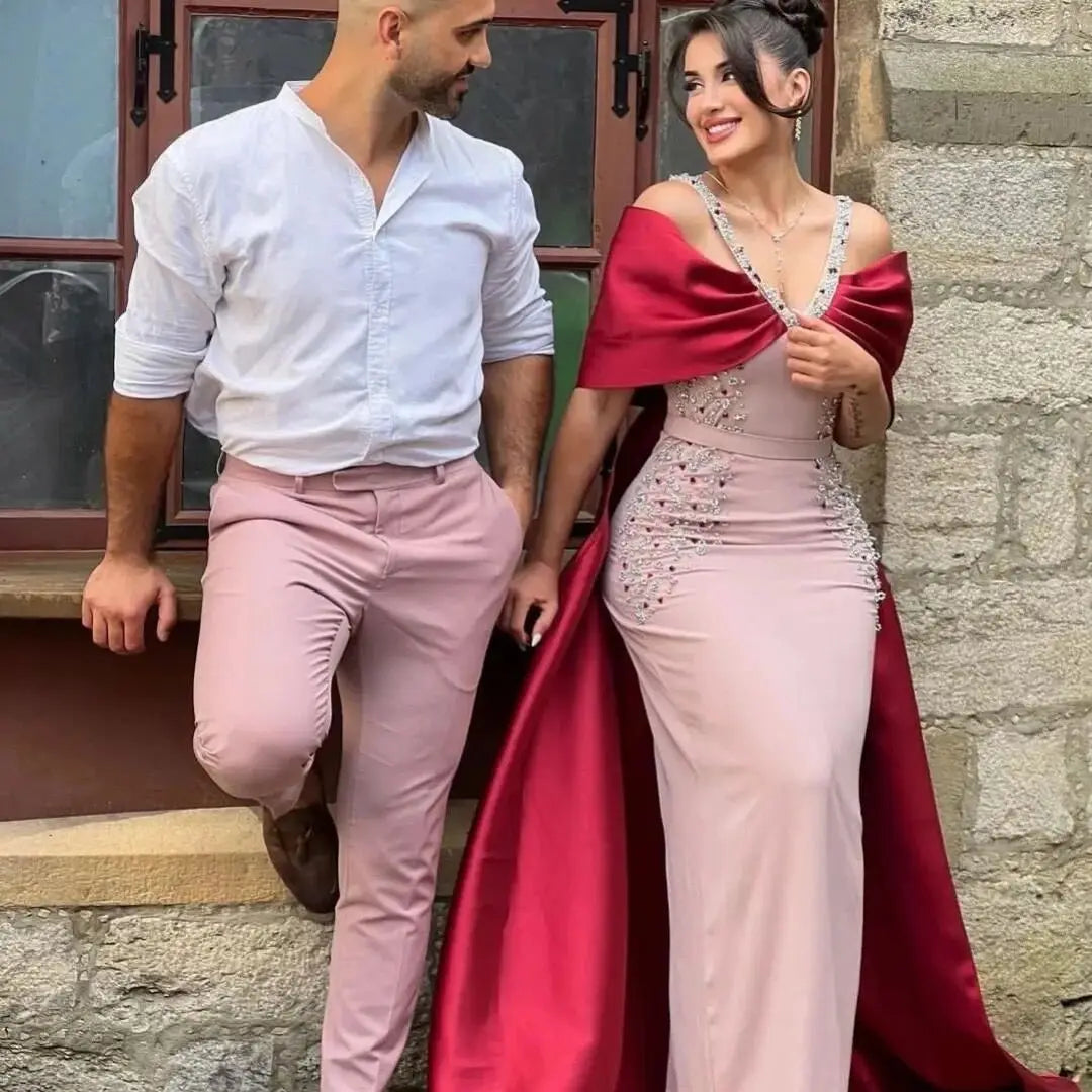Pink Burgundy Mermaid Evening Dresses with Cape Engagement Dresses for Women Wedding Party