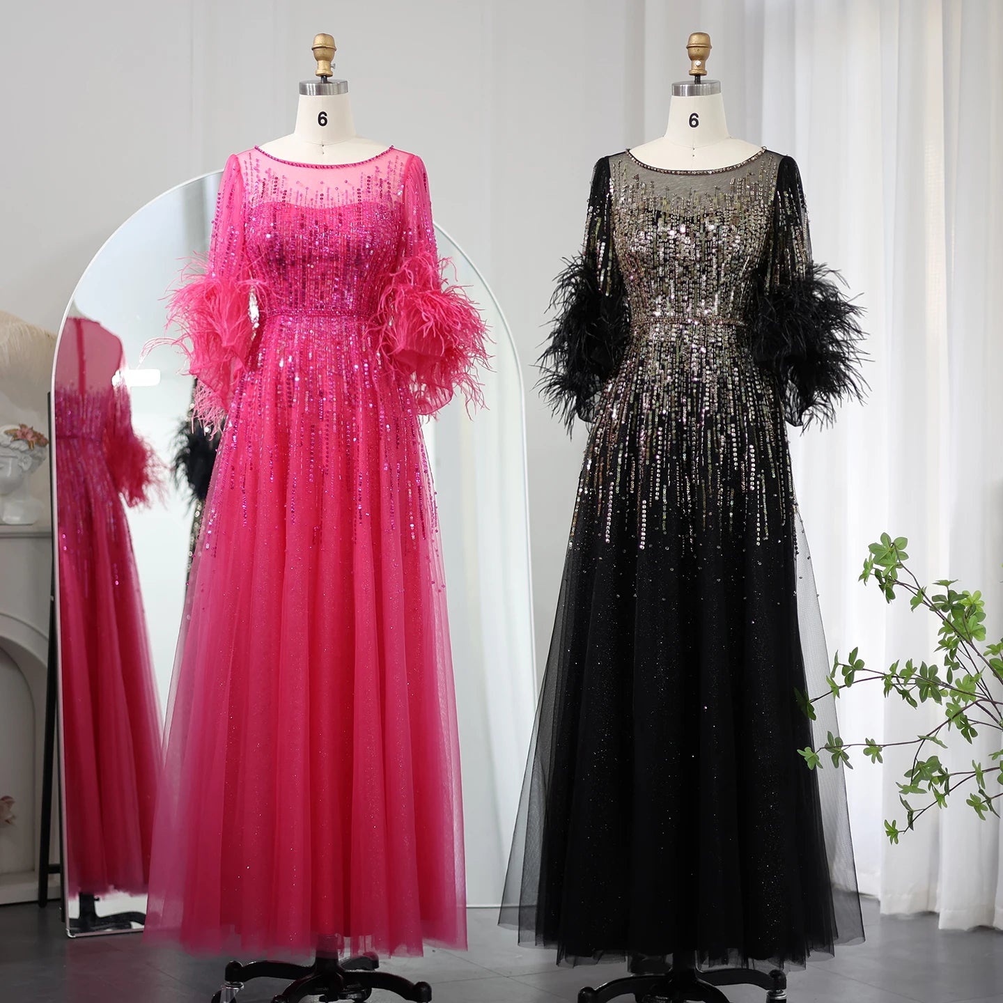 Black Evening Dresses for Women Elegant Fuchsia Half Sleeve Wedding Party Dress