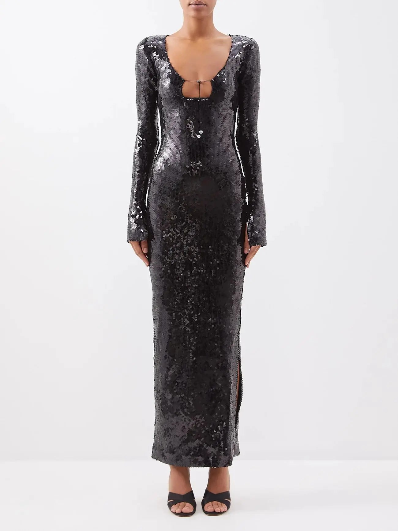 Sexy New In V-Neck Sequins Split Flare Sleeve Ankle Length Maxi Dress for Women Elegant Evening Party Club Long Dress