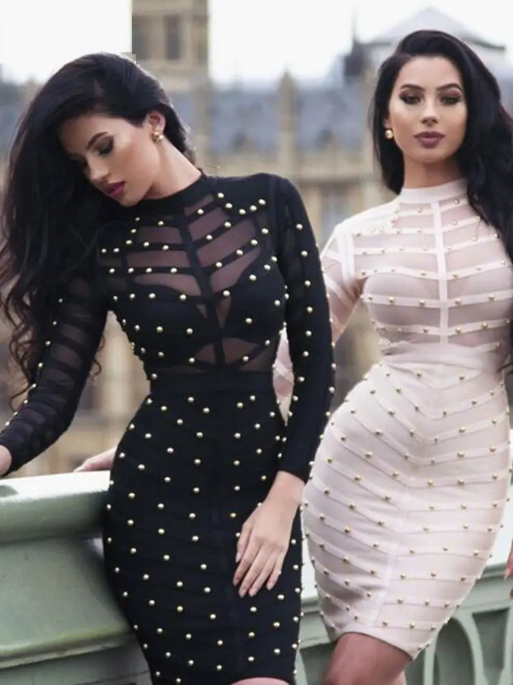 Sexy Black Khaki Rivet Bandage Dress For Women Mesh See Through Nail Beaded Long SLeeve Bodycon Party Vestidos