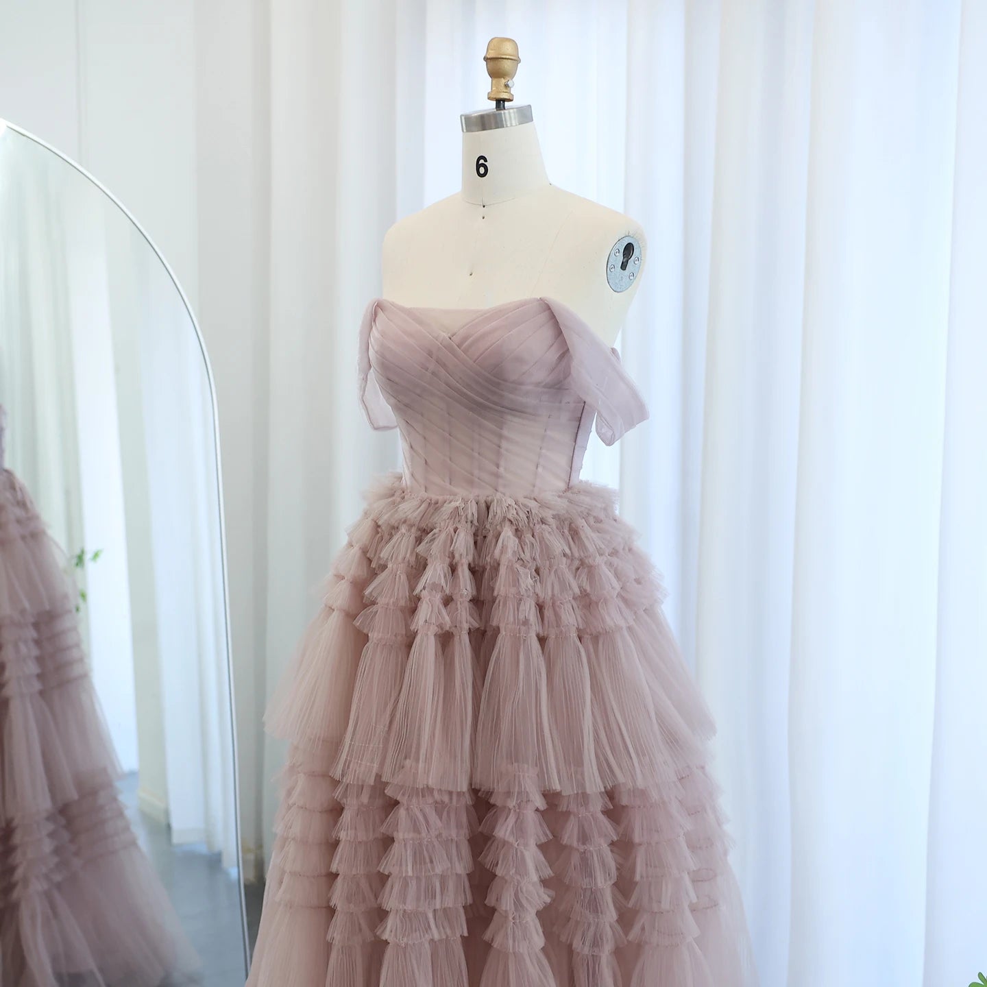 Blush Pink Off Shoulder Ruffles Evening Dress for Women Wedding Elegant Tiered Ball Gown Prom Party Desses