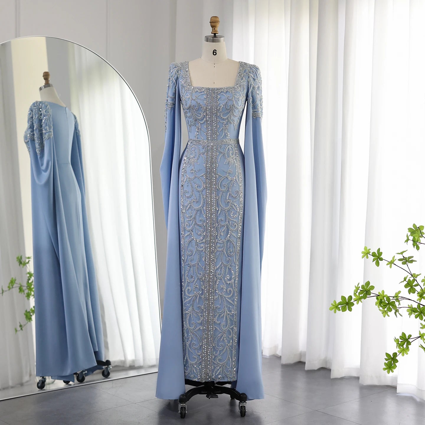 Luxury Sky Blue Mermaid Evening Dresses with Cape Sleeves Women Lilac Wedding Party Gowns
