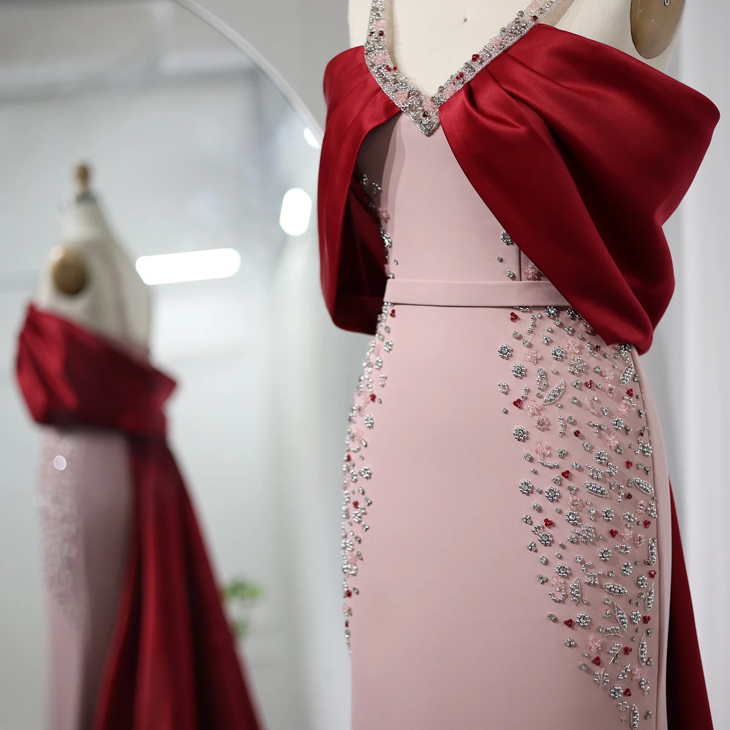 Pink Burgundy Mermaid Evening Dresses with Cape Engagement Dresses for Women Wedding Party