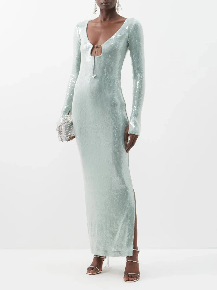 Sexy New In V-Neck Sequins Split Flare Sleeve Ankle Length Maxi Dress for Women Elegant Evening Party Club Long Dress
