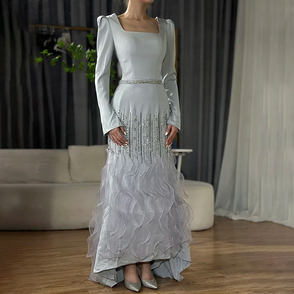 Gray Mermaid Ankle Length Beaded Satin Evening Dresses