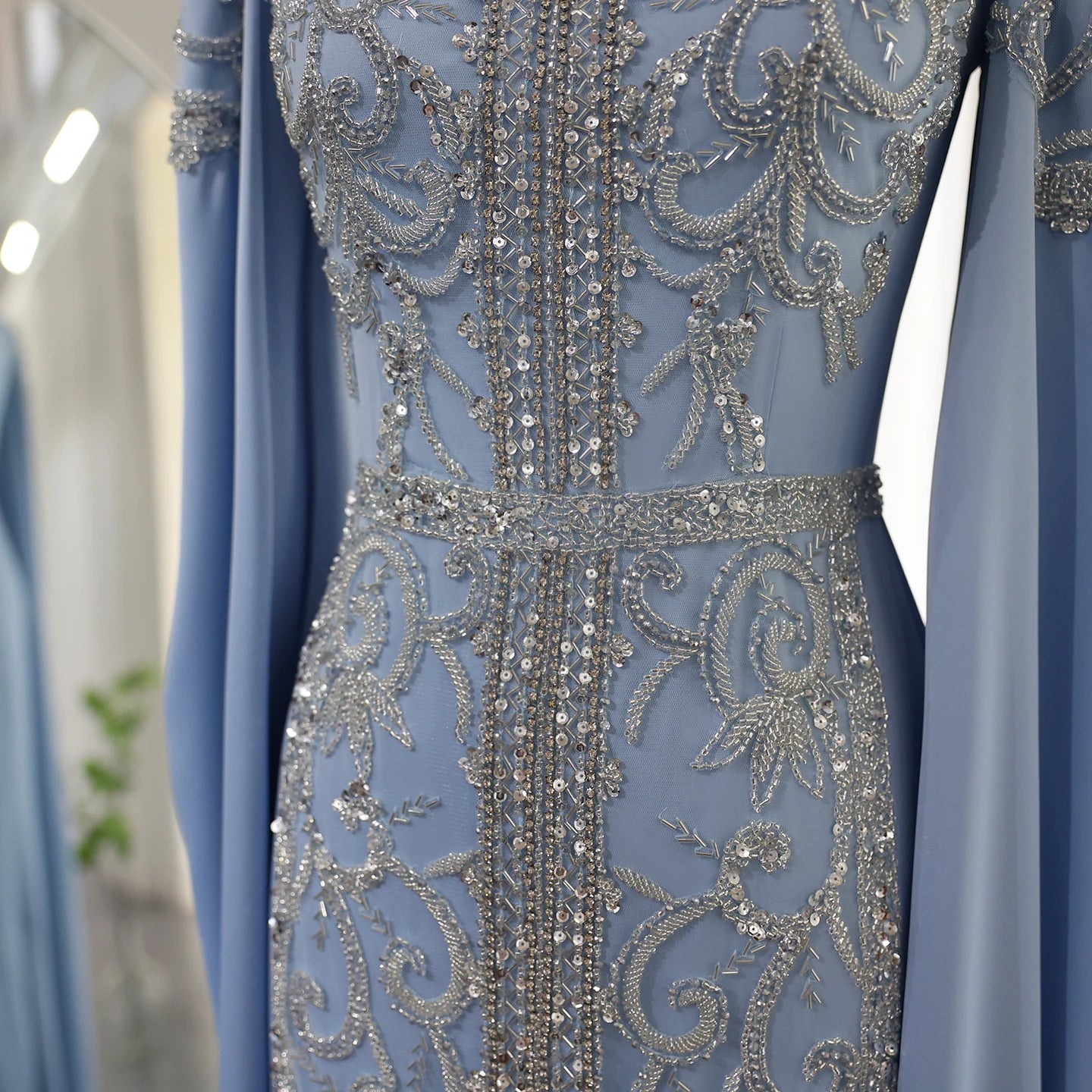 Luxury Sky Blue Mermaid Evening Dresses with Cape Sleeves Women Lilac Wedding Party Gowns