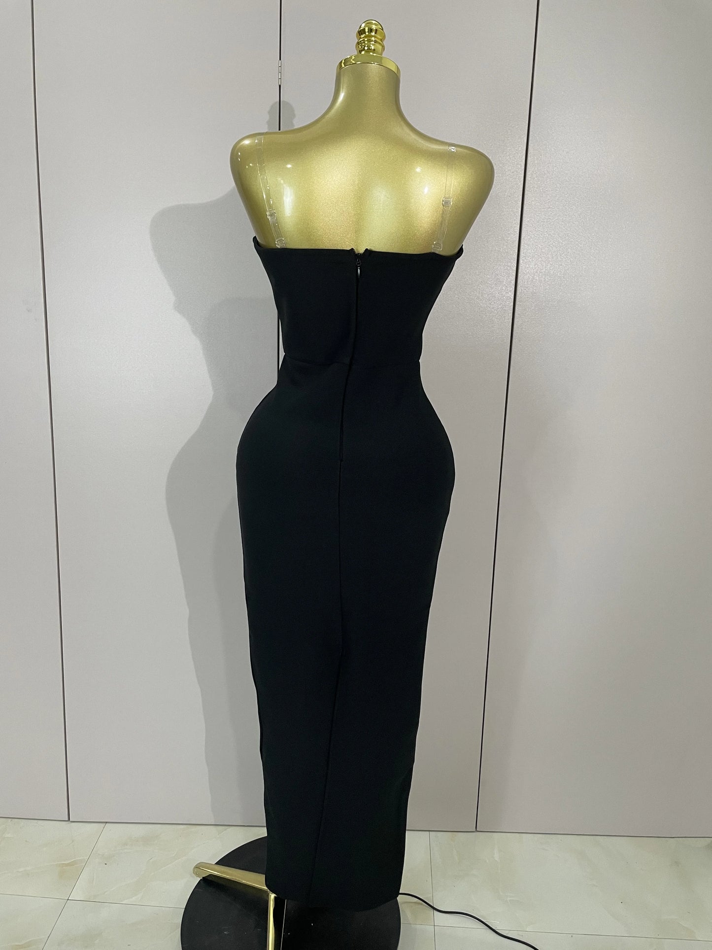 STOCK Elegant Black Strapless Long Bandage Dress With Sheer Rhinestone Beaded Cape Women Evening Celebrity Luxury Birthday Gown