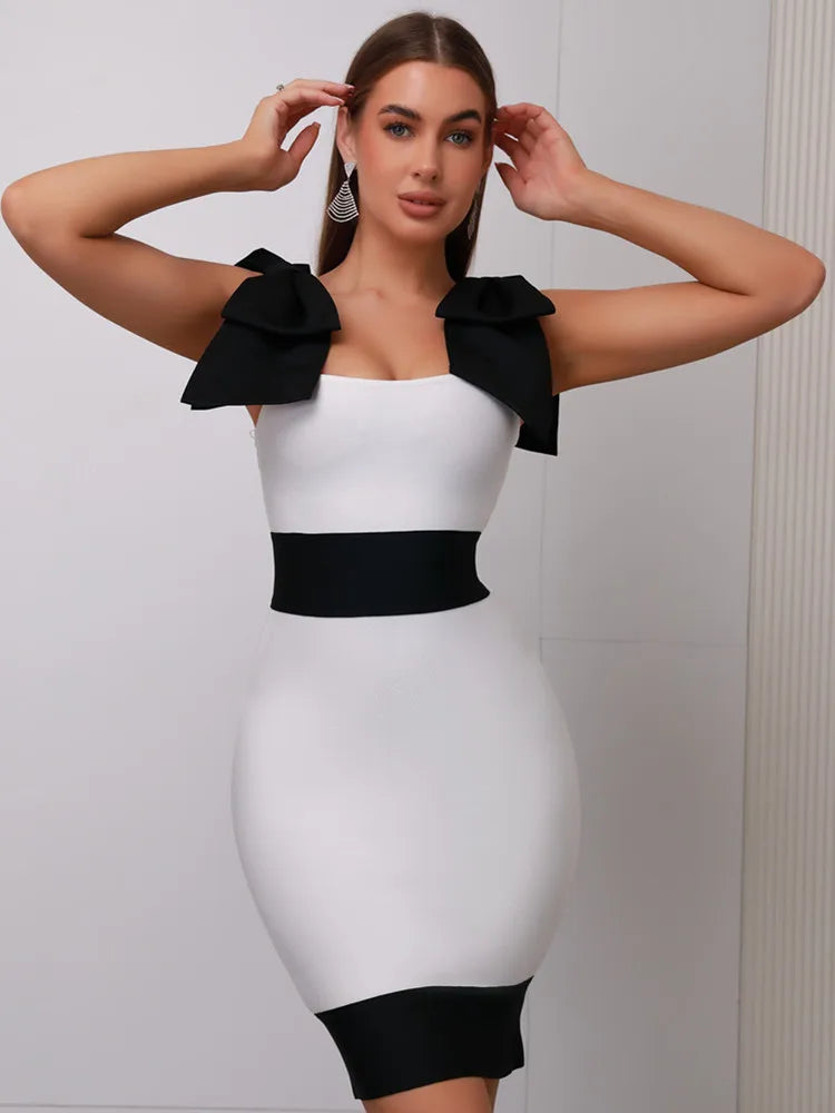 Women Celebrity Sexy V Neck Bow Tie Patchwork Black White Mini Bodycon Bandage Dress Elegant Evening Club Party Dress