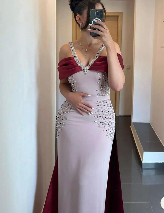 Pink Burgundy Mermaid Evening Dresses with Cape Engagement Dresses for Women Wedding Party