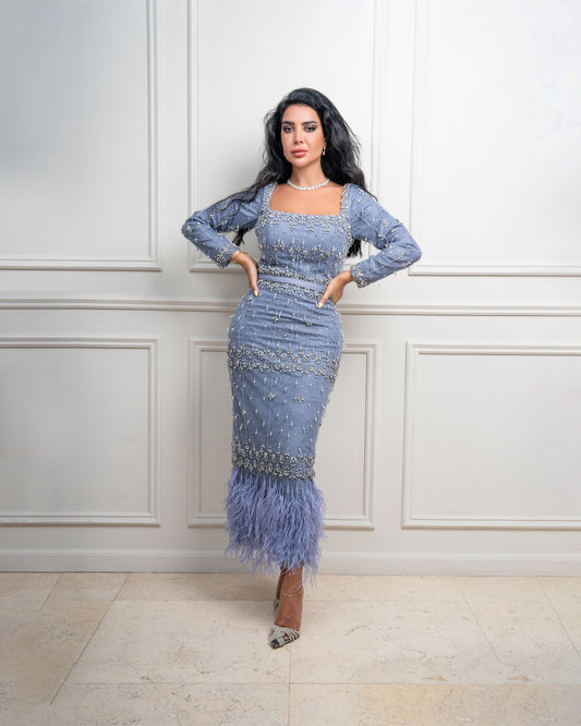 Luxury Crystal Feathers Evening Dresses for Women Wedding Elegant Blue Lace Midi Formal Party