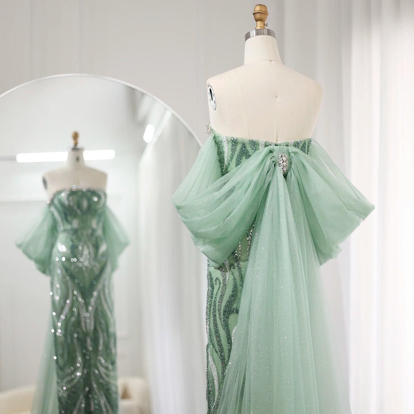 Strapless Sage Green Evening Dresses with Cape Sleeves Crystal Midi Women Wedding Party Gownns