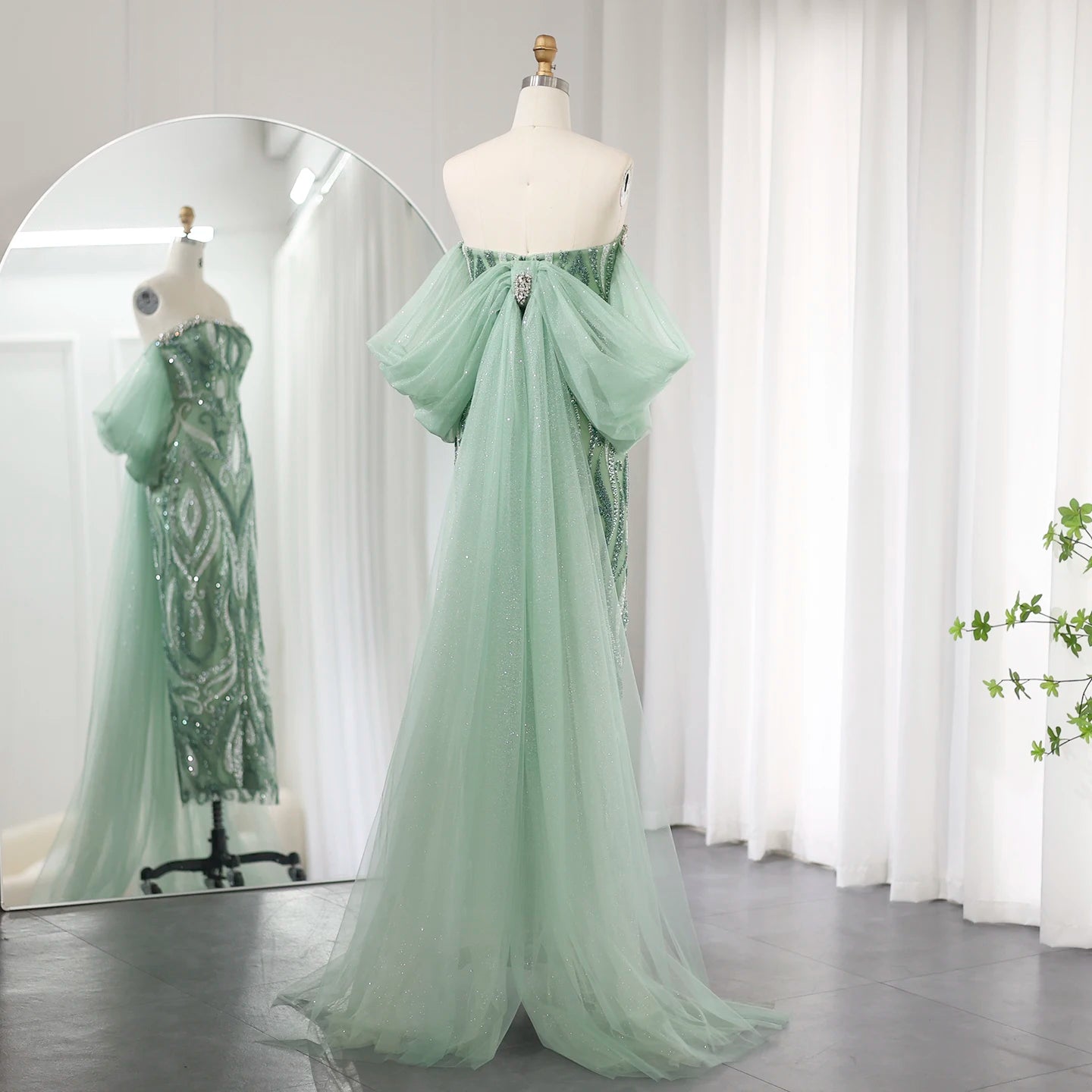 Strapless Sage Green Evening Dresses with Cape Sleeves Crystal Midi Women Wedding Party Gownns