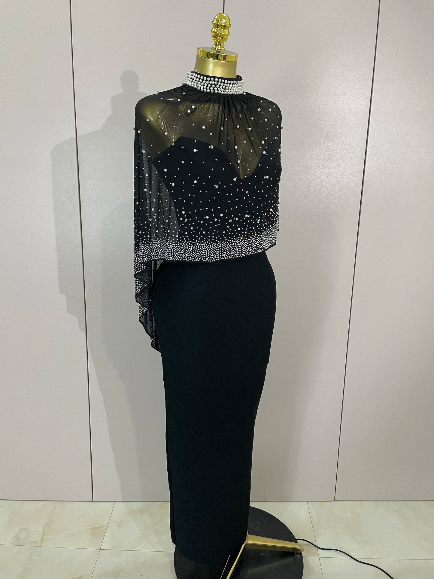 STOCK Elegant Black Strapless Long Bandage Dress With Sheer Rhinestone Beaded Cape Women Evening Celebrity Luxury Birthday Gown