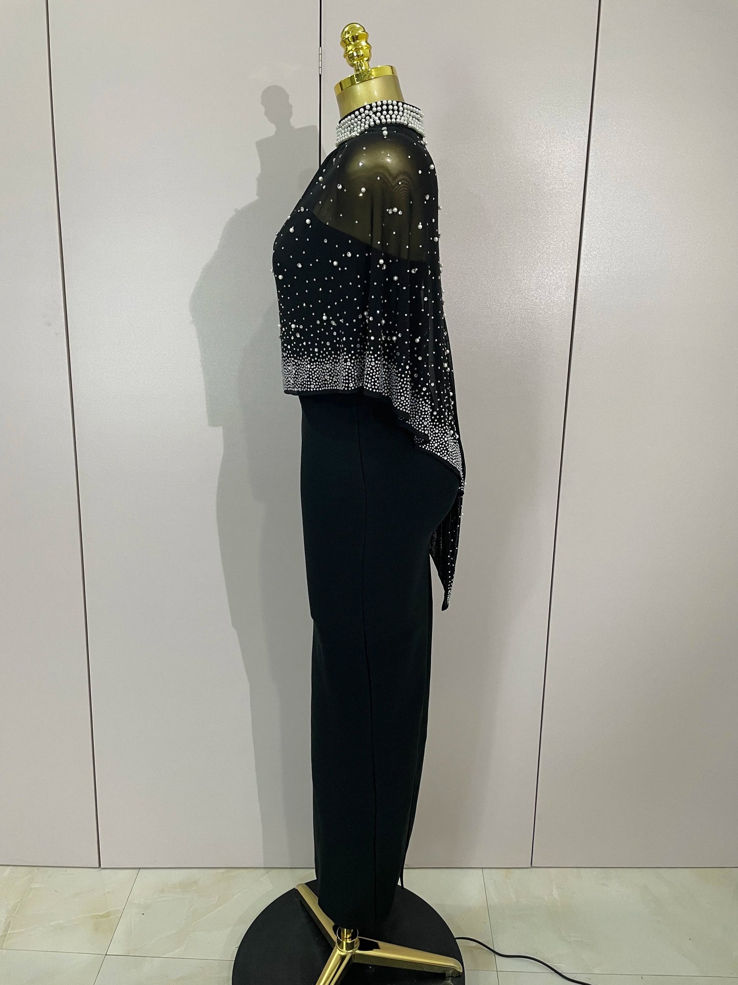 STOCK Elegant Black Strapless Long Bandage Dress With Sheer Rhinestone Beaded Cape Women Evening Celebrity Luxury Birthday Gown