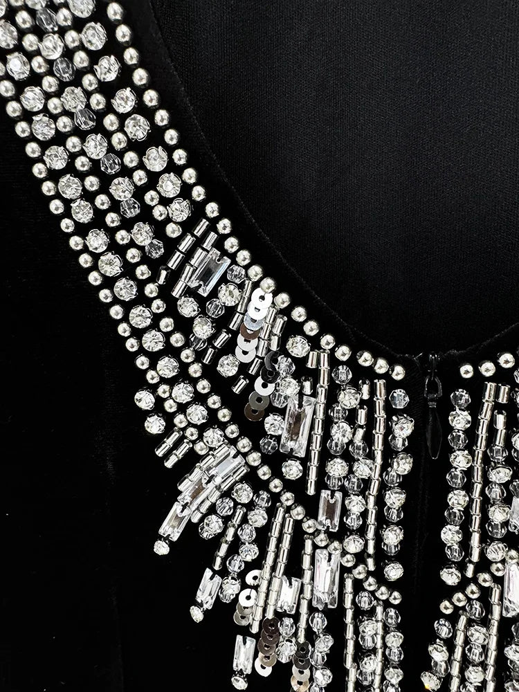 HIGH STREET Newest Fashion 2025 Designer Party Vestido Women's Diamonds Beading Sleeveless Sexy Backless Velvet Long Maxi Dress