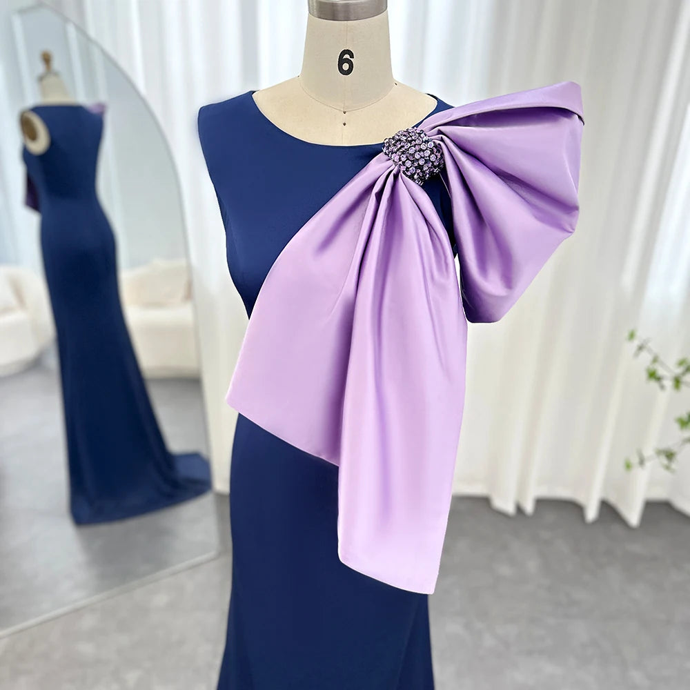 Made Navy Blue Satin Mermaid Evening Dresses with Lilac Bow  Wedding Party Formal Gowns