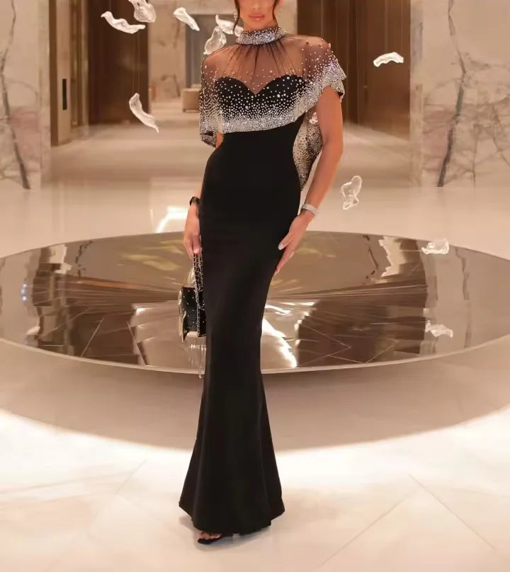 STOCK Elegant Black Strapless Long Bandage Dress With Sheer Rhinestone Beaded Cape Women Evening Celebrity Luxury Birthday Gown