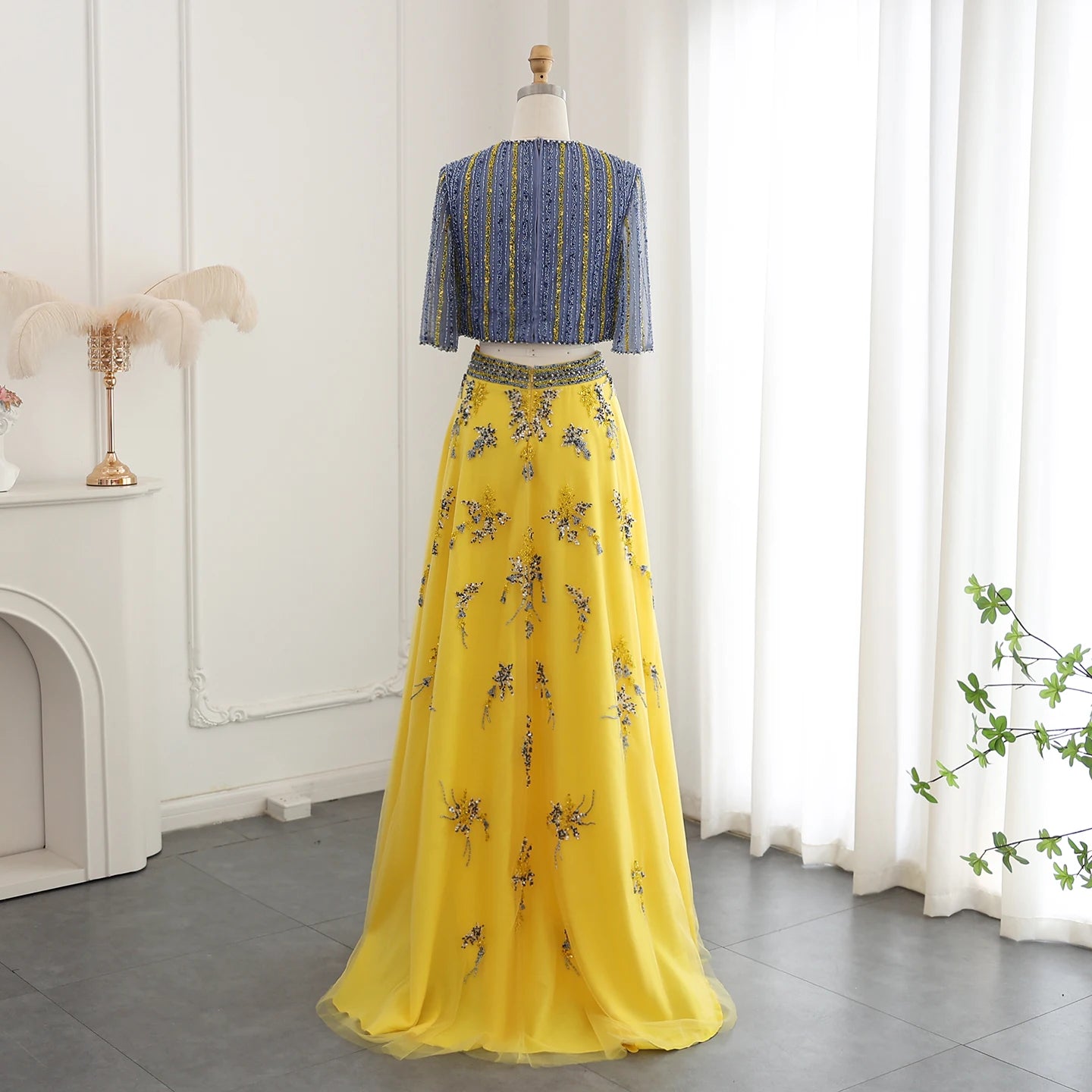 Blue Yellow 2 Pieces Evening Dresses for Women Wedding Party Elegant Long