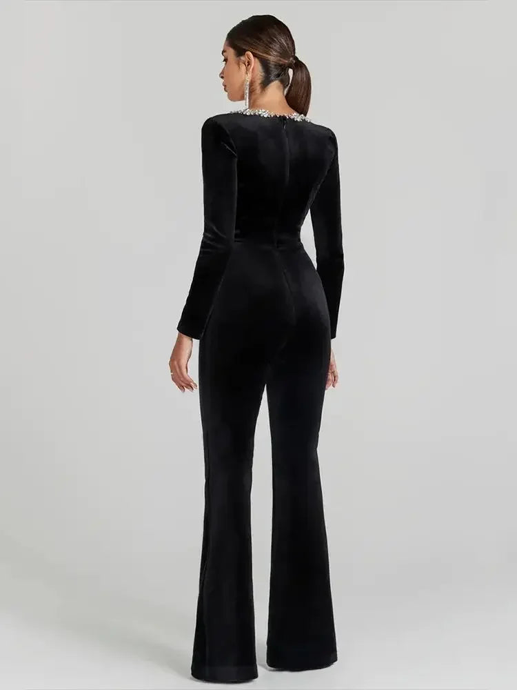 2024 New Women's Black Bandage jumpsuit Square Neck Diamond High Waist Wide Leg jumpsuit Elegant Party jumpsuit