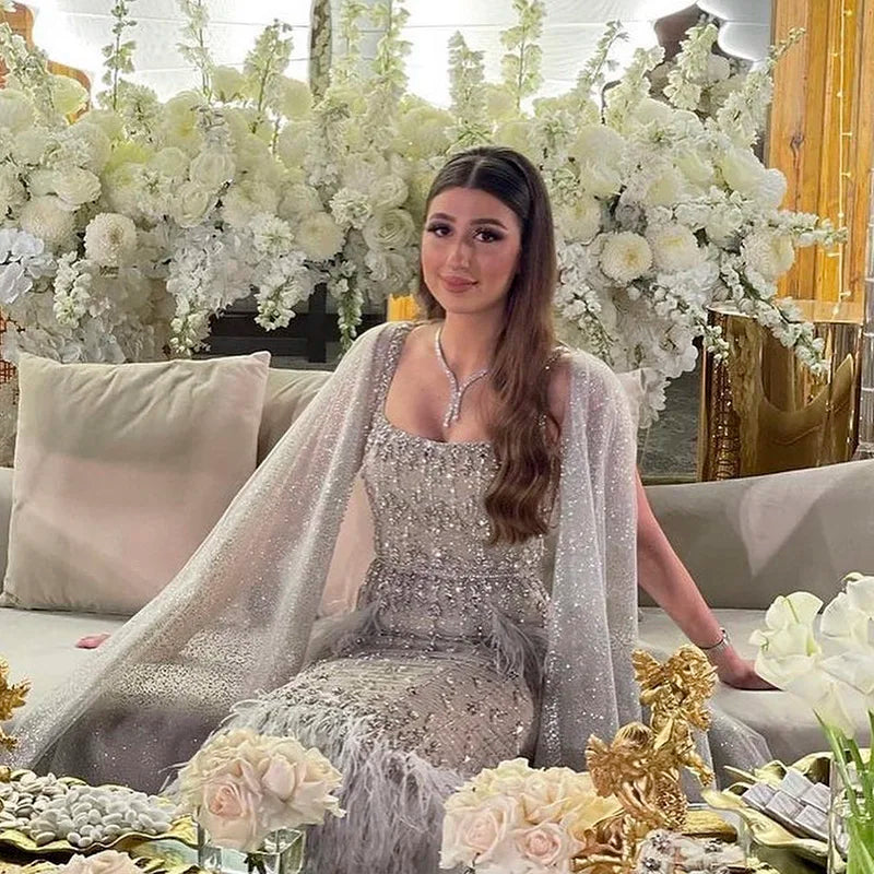 Gray Mermaid Dresses Lilac Sage Cape Arabic Women Wedding Party