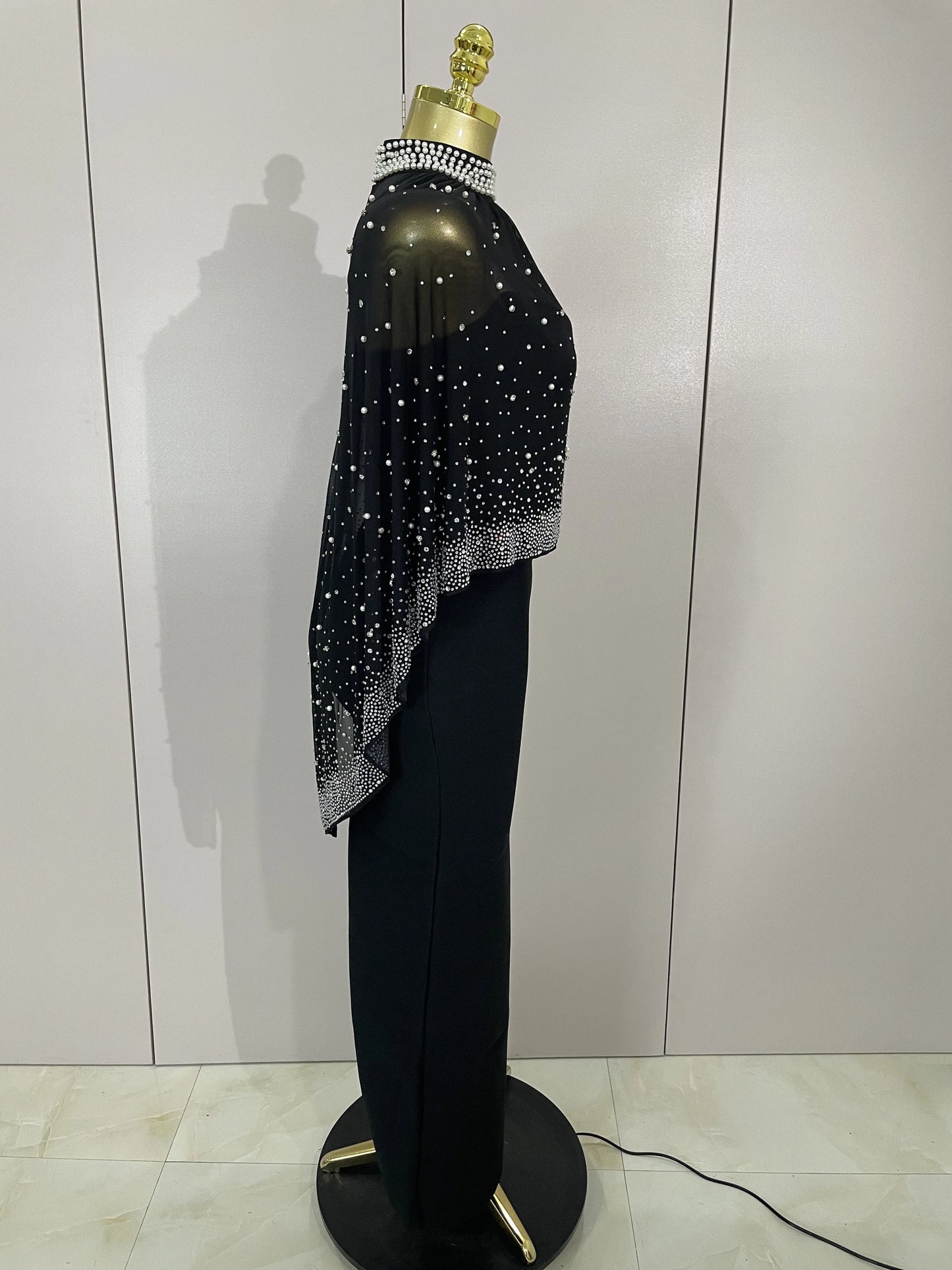 STOCK Elegant Black Strapless Long Bandage Dress With Sheer Rhinestone Beaded Cape Women Evening Celebrity Luxury Birthday Gown