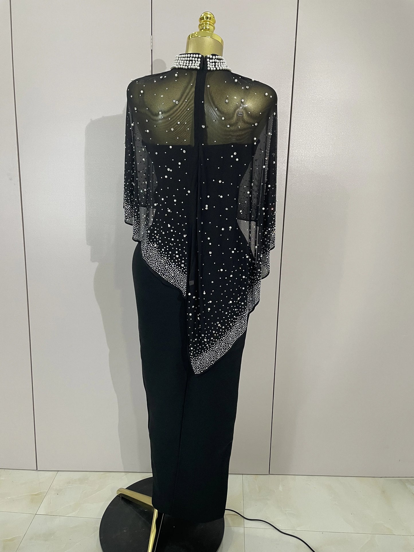 STOCK Elegant Black Strapless Long Bandage Dress With Sheer Rhinestone Beaded Cape Women Evening Celebrity Luxury Birthday Gown