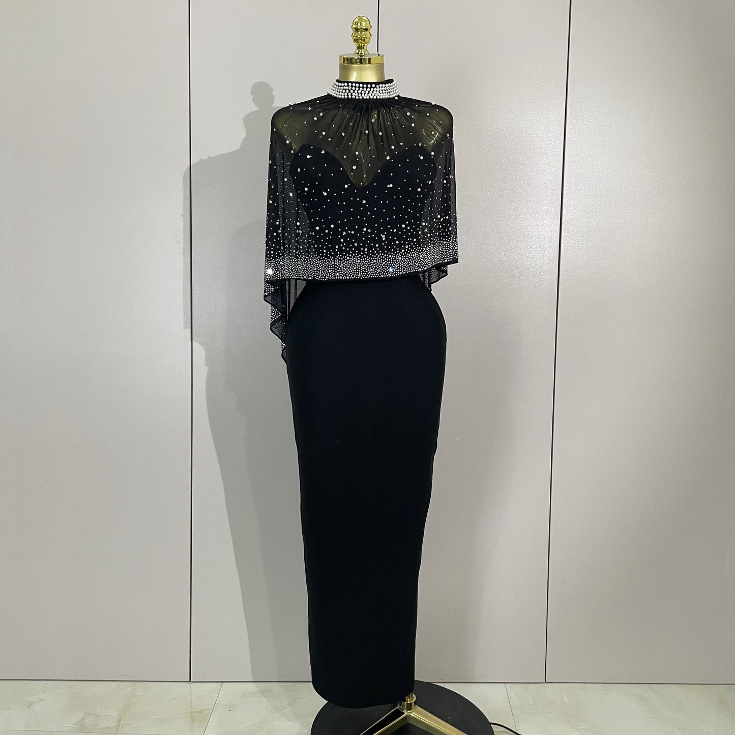 STOCK Elegant Black Strapless Long Bandage Dress With Sheer Rhinestone Beaded Cape Women Evening Celebrity Luxury Birthday Gown