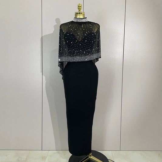 STOCK Elegant Black Strapless Long Bandage Dress With Sheer Rhinestone Beaded Cape Women Evening Celebrity Luxury Birthday Gown