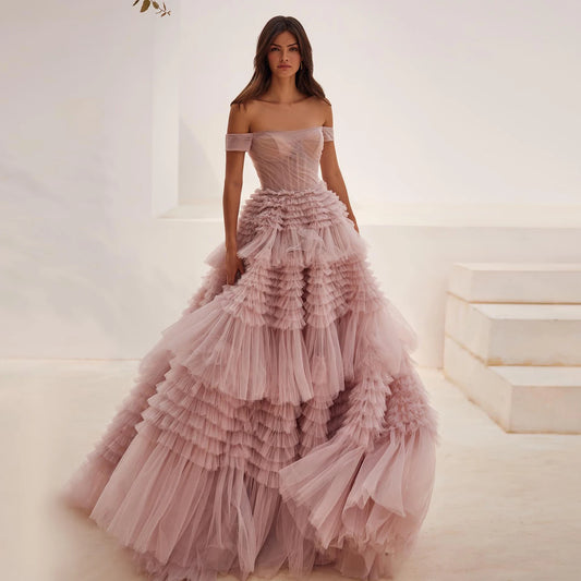 Blush Pink Off Shoulder Ruffles Evening Dress for Women Wedding Elegant Tiered Ball Gown Prom Party Desses