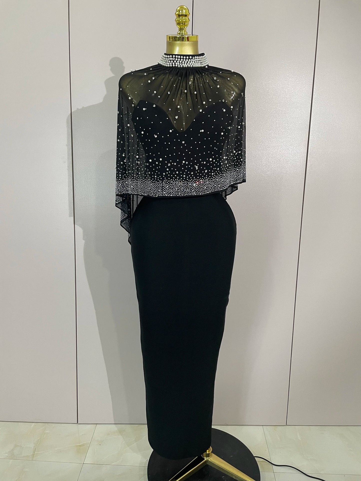 STOCK Elegant Black Strapless Long Bandage Dress With Sheer Rhinestone Beaded Cape Women Evening Celebrity Luxury Birthday Gown