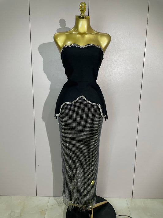 Luxury Birthday Gown High Quality Black Design Sleeveless Diamonds Top And Hot Diamond Skirt Suit Evening Party Dress