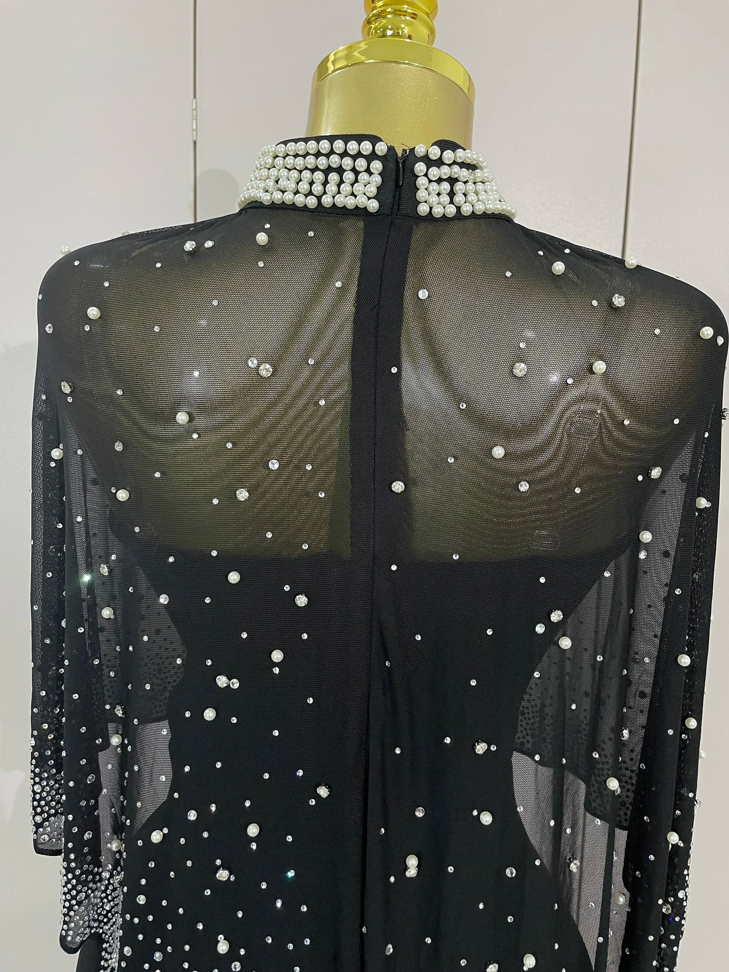 STOCK Elegant Black Strapless Long Bandage Dress With Sheer Rhinestone Beaded Cape Women Evening Celebrity Luxury Birthday Gown