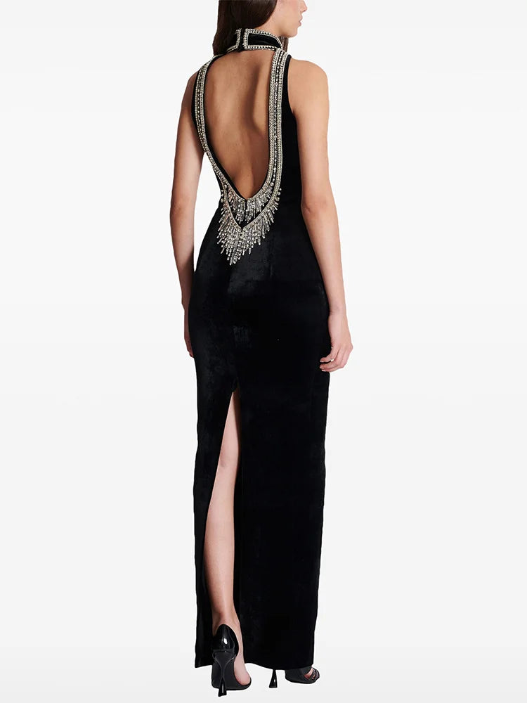 HIGH STREET Newest Fashion 2025 Designer Party Vestido Women's Diamonds Beading Sleeveless Sexy Backless Velvet Long Maxi Dress