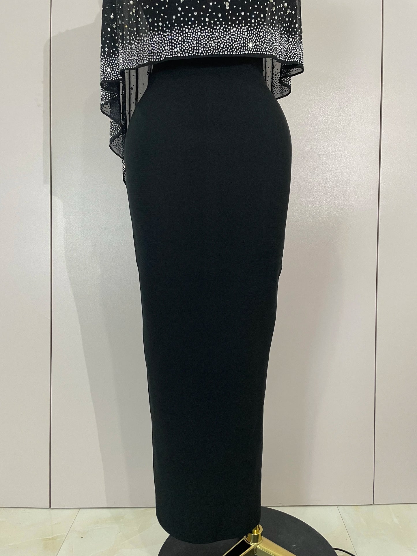 STOCK Elegant Black Strapless Long Bandage Dress With Sheer Rhinestone Beaded Cape Women Evening Celebrity Luxury Birthday Gown