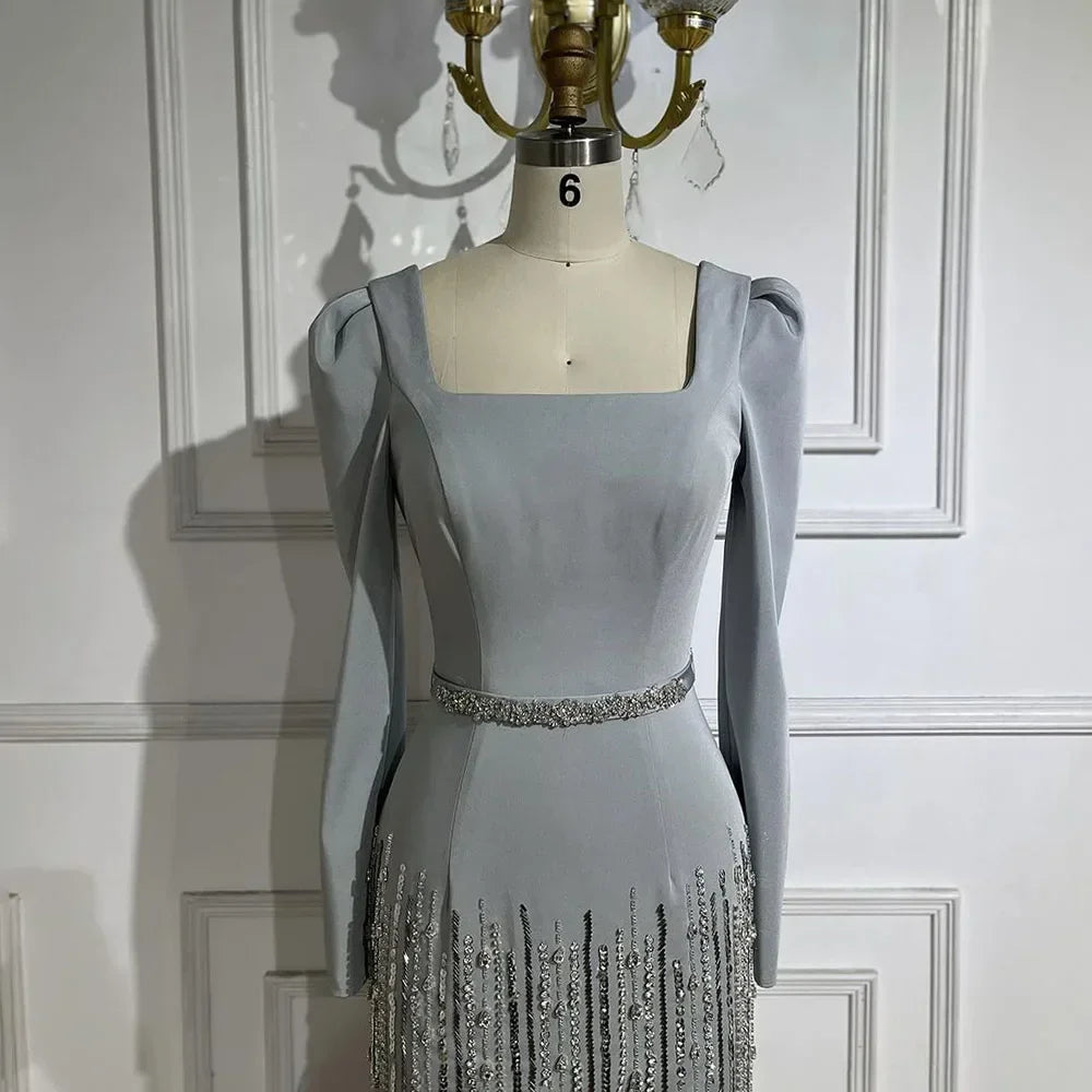 Gray Mermaid Ankle Length Beaded Satin Evening Dresses lumara store Gray Mermaid Ankle Length Beaded Satin Evening Dresses lumara store