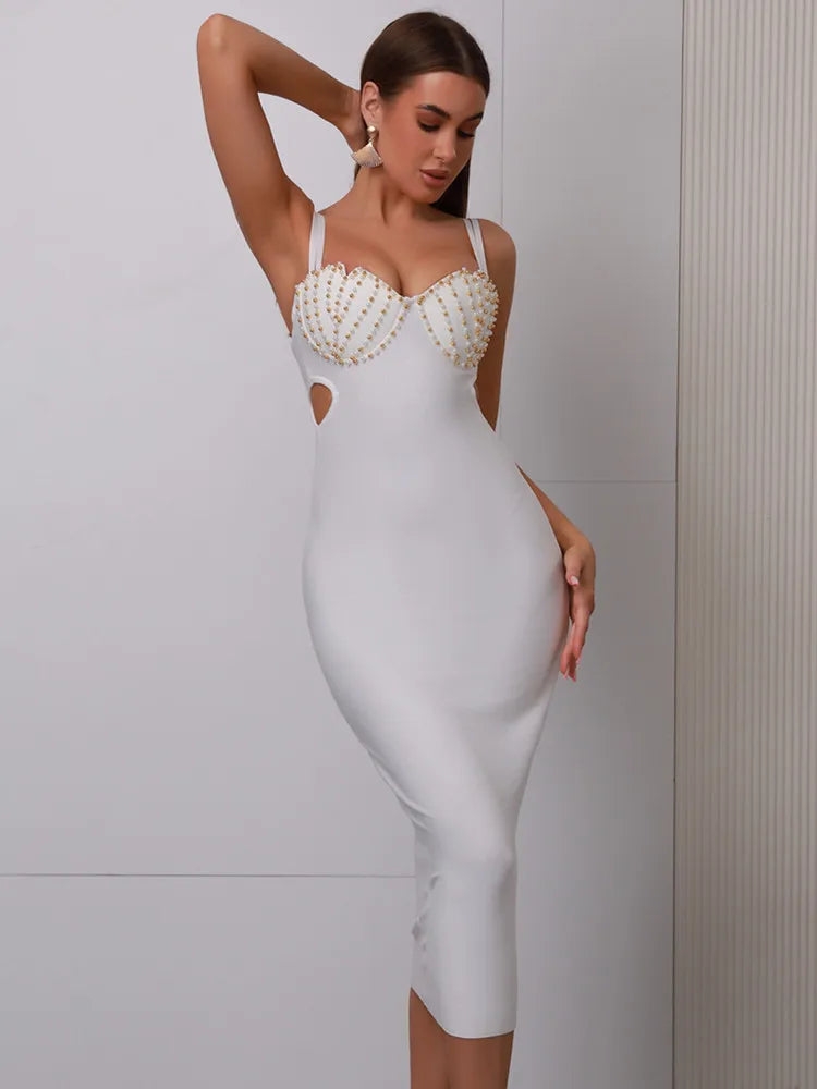 Women Celebrity Sexy V Neck White Beading Cut Out Midi Bodycon Bandage Dress Knitted Elegant Evening Club Party Dress