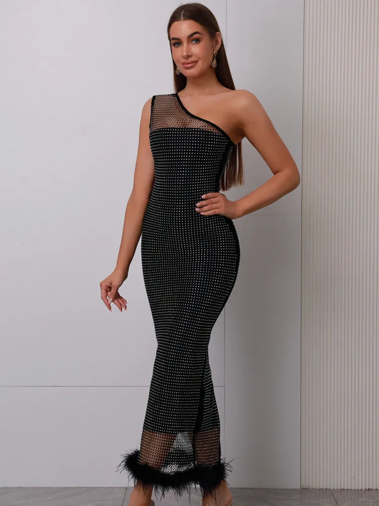 Women Celebrity Sexy One Shoulder Diamonds Feather Black Midi Bandage Dress