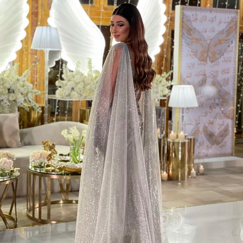 Gray Mermaid Dresses Lilac Sage Cape Arabic Women Wedding Party
