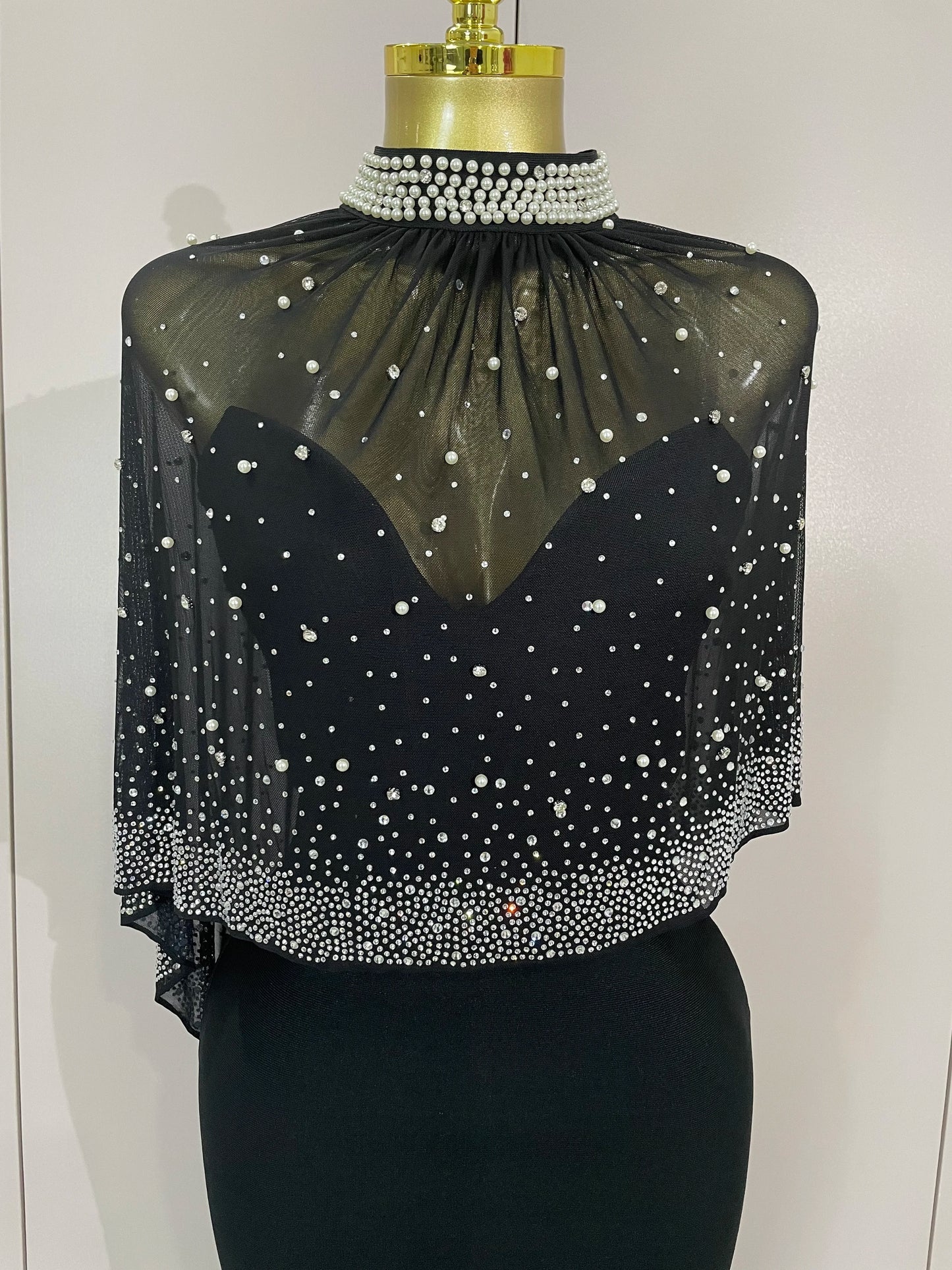 STOCK Elegant Black Strapless Long Bandage Dress With Sheer Rhinestone Beaded Cape Women Evening Celebrity Luxury Birthday Gown