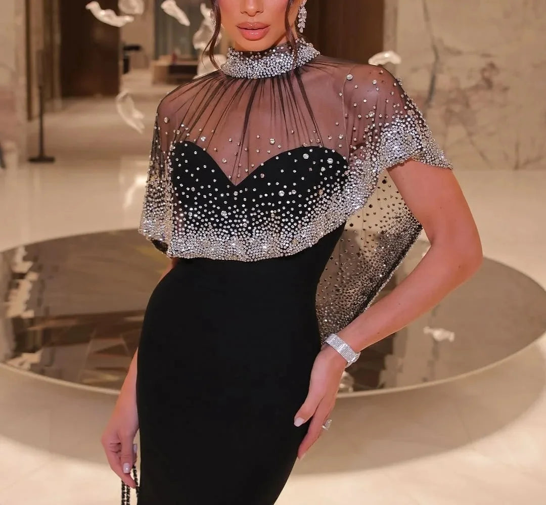STOCK Elegant Black Strapless Long Bandage Dress With Sheer Rhinestone Beaded Cape Women Evening Celebrity Luxury Birthday Gown