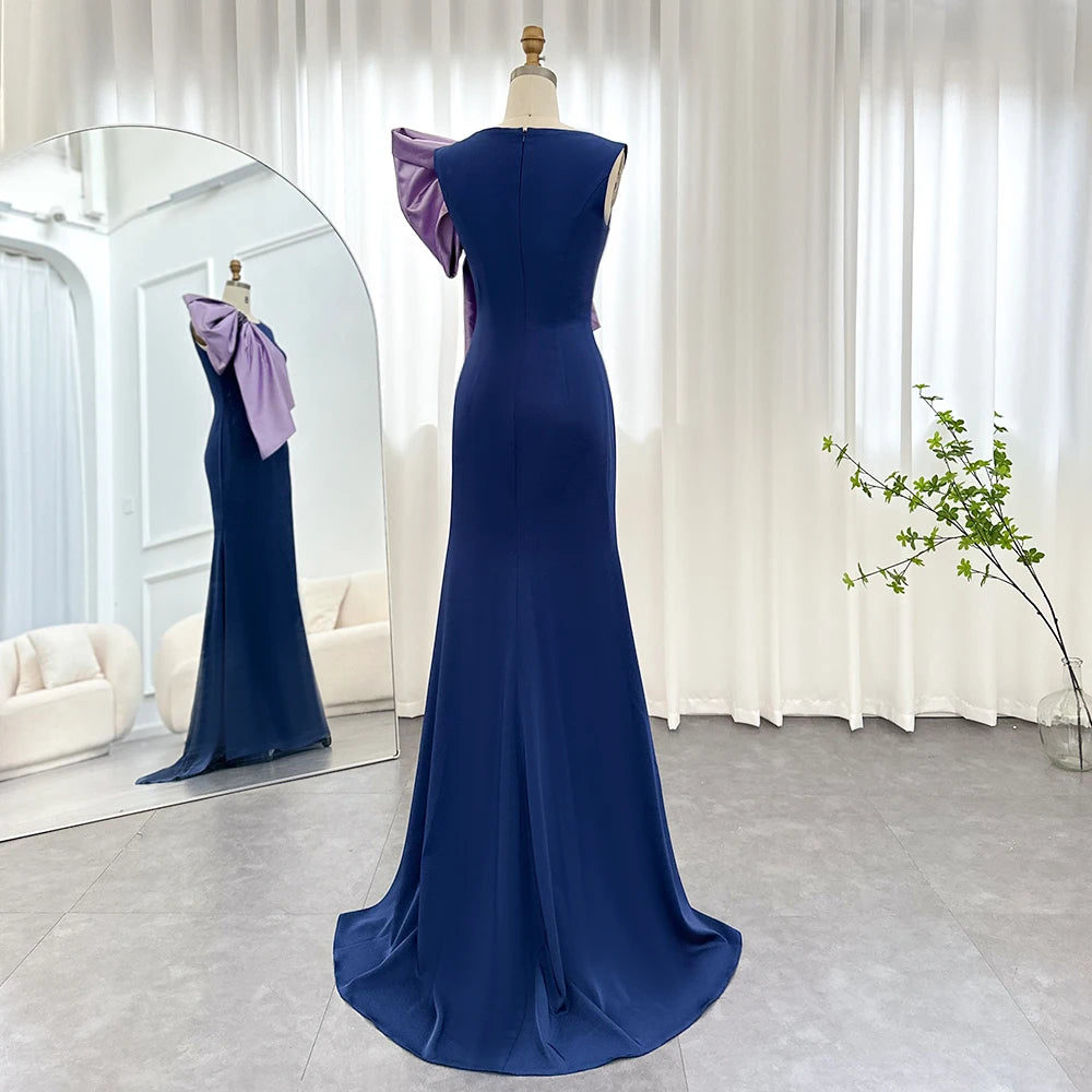 Made Navy Blue Satin Mermaid Evening Dresses with Lilac Bow  Wedding Party Formal Gowns